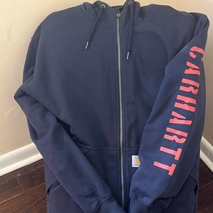 Men’s Large Carhartt Navy Blue Loose Fit Fleece Lined Rain Defender Hoodie